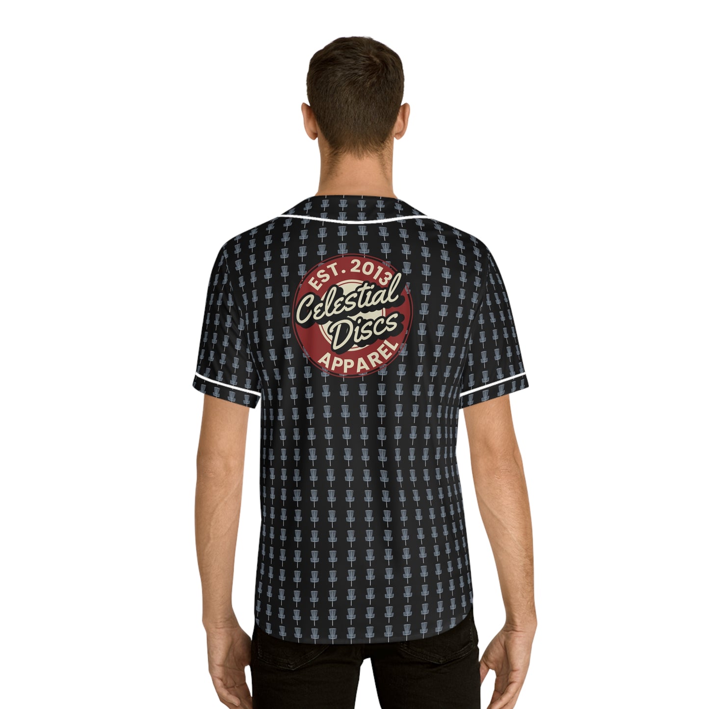 Disc Golf Basket Pinstripes w/Round Logo Men's Baseball Jersey Disc Golf Apparel by Celestial Discs