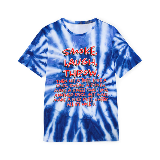 Smoke, Laugh, Throw Humor Tie-Dye Inspired Disc Golf Apparel Men's Sports Jersey by Celestial